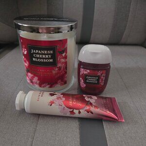 Bath & Body Works Japanese Cherry Blossom Candle Hand Cream Sanitizer Set NEW